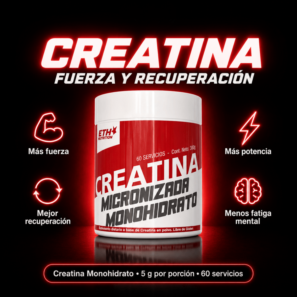 Creatina Monohidrato Micronizada, Fuerza, Potencia y Recuperación