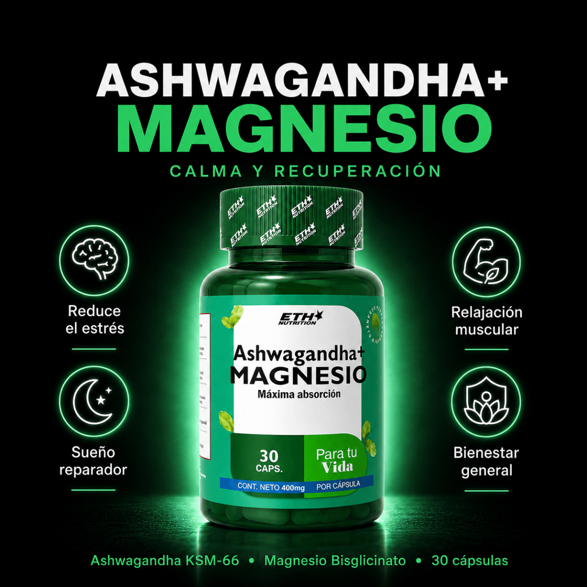 Ashwagandha + Magnesio, Reducción del Estrés y Recuperación Muscular