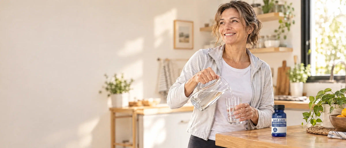 Una mujer sirve agua en su cocina; sobre la mesada hay un frasco de NAD 1500 + Resveratrol de ETH Nutrition