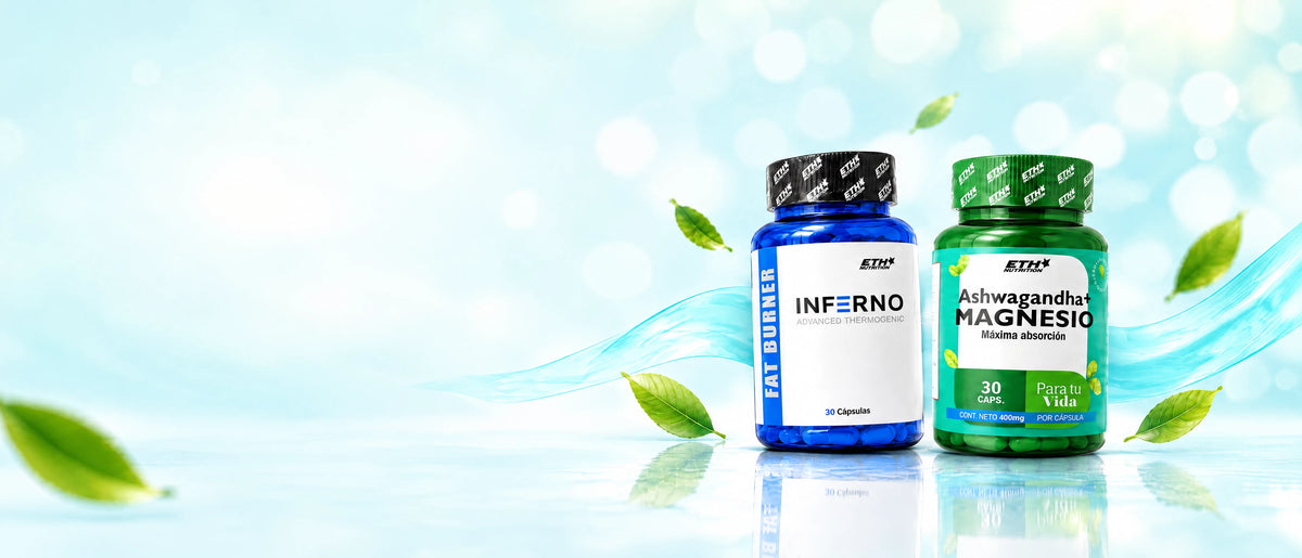 Frascos de Inferno y Ashwagandha + Magnesio de ETH Nutrition sobre un fondo claro con hojas verdes